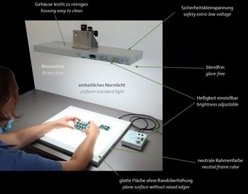 Arbeitsplatzleuchte mit Normlicht für die optische Prüfung von Werkstücken